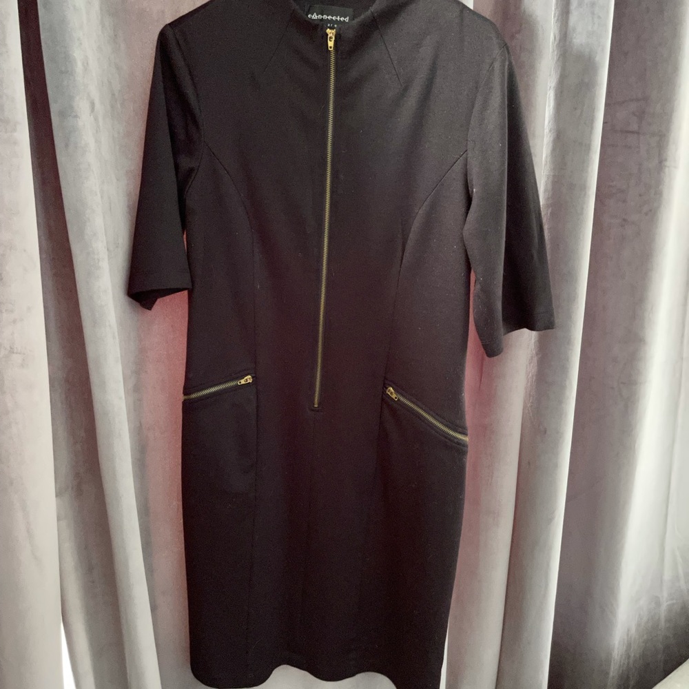 Black dress w/ gold zippers on front/pockets